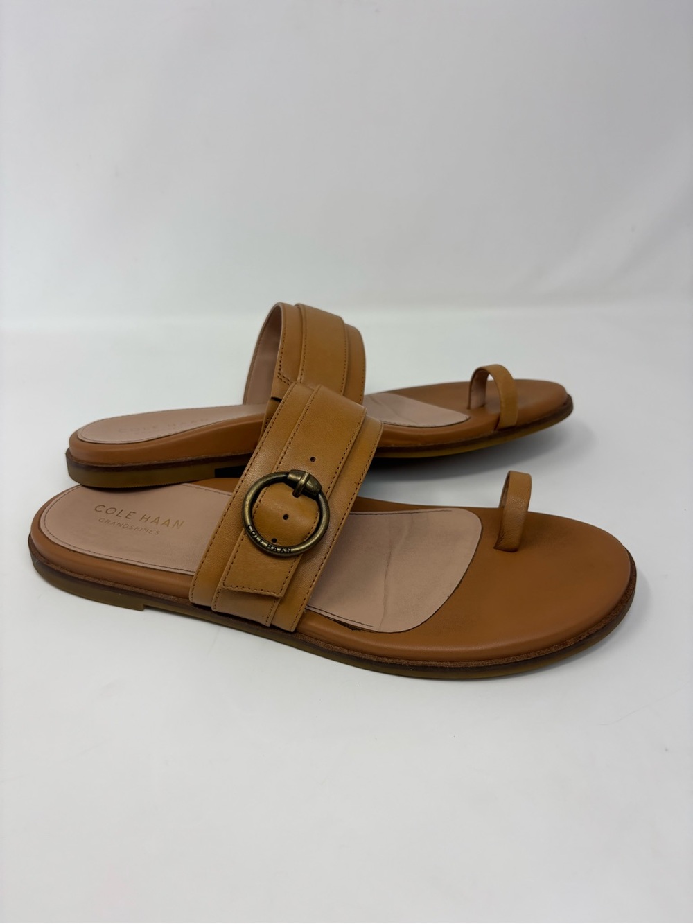 Cole Haan Abbie Leather Slide Sandals Tan Boho Buckle Toe Loop Womens Size 8.5 B